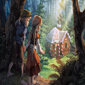 Hansel and Gretel finding the Witch's gingerbread house.