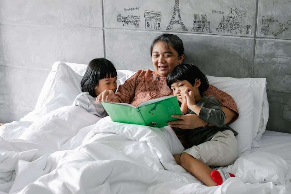 A parent and child engaged in an animated bedtime story session